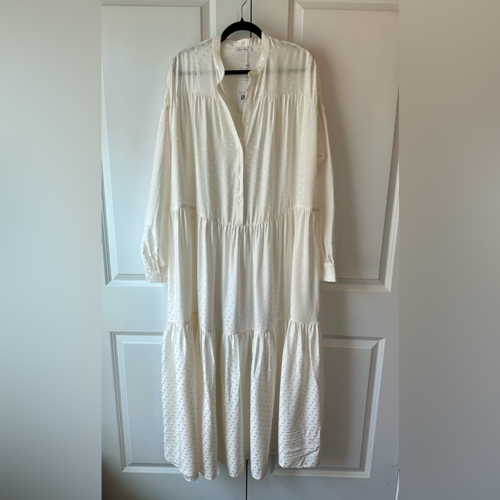 ANINE BING Louise Tonal Dot Long Sleeve Silk Maxi White NWT (Size M)